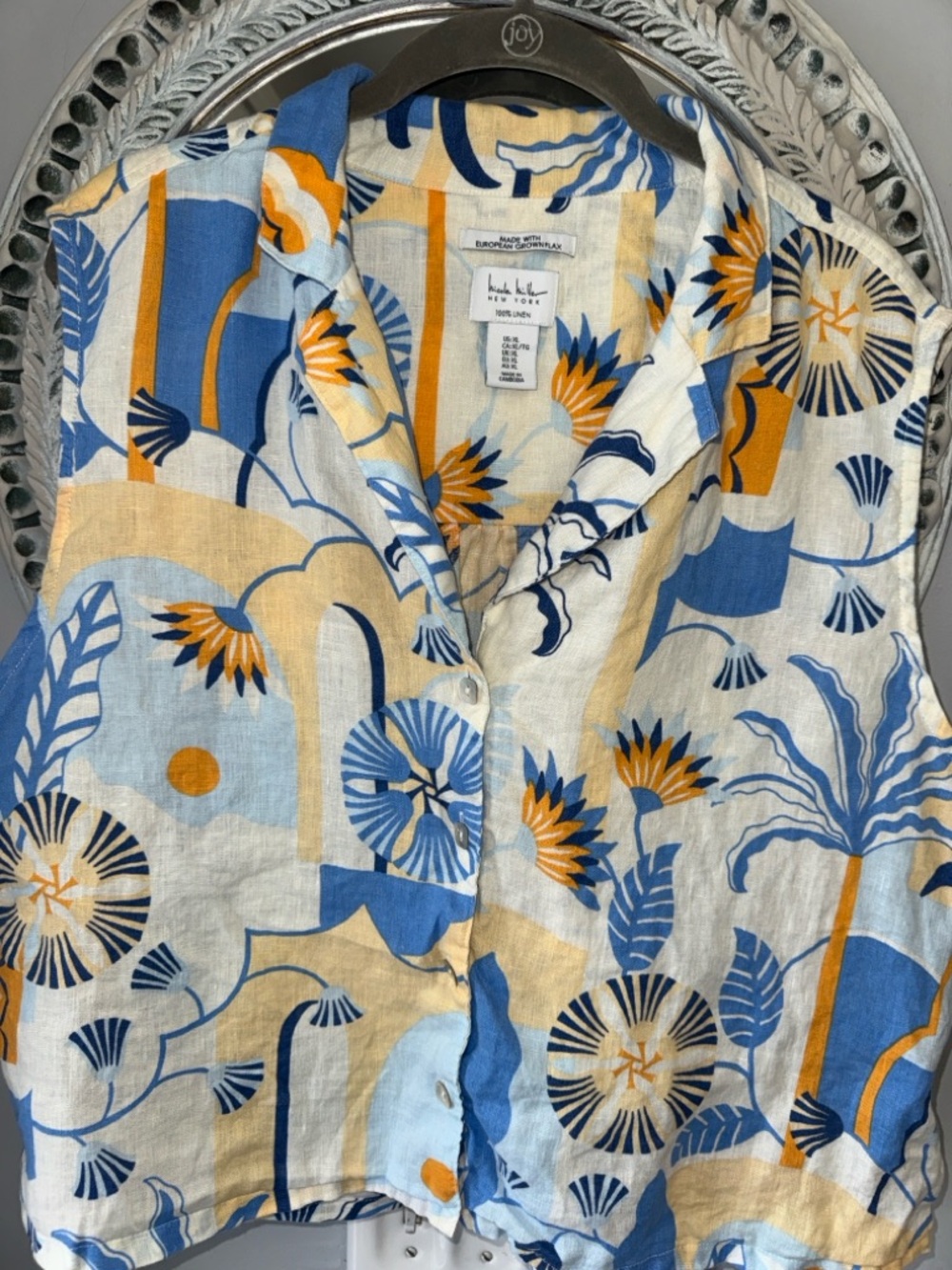 Nicole Miller Blue&Yellow Floral Button-Front Crop Top